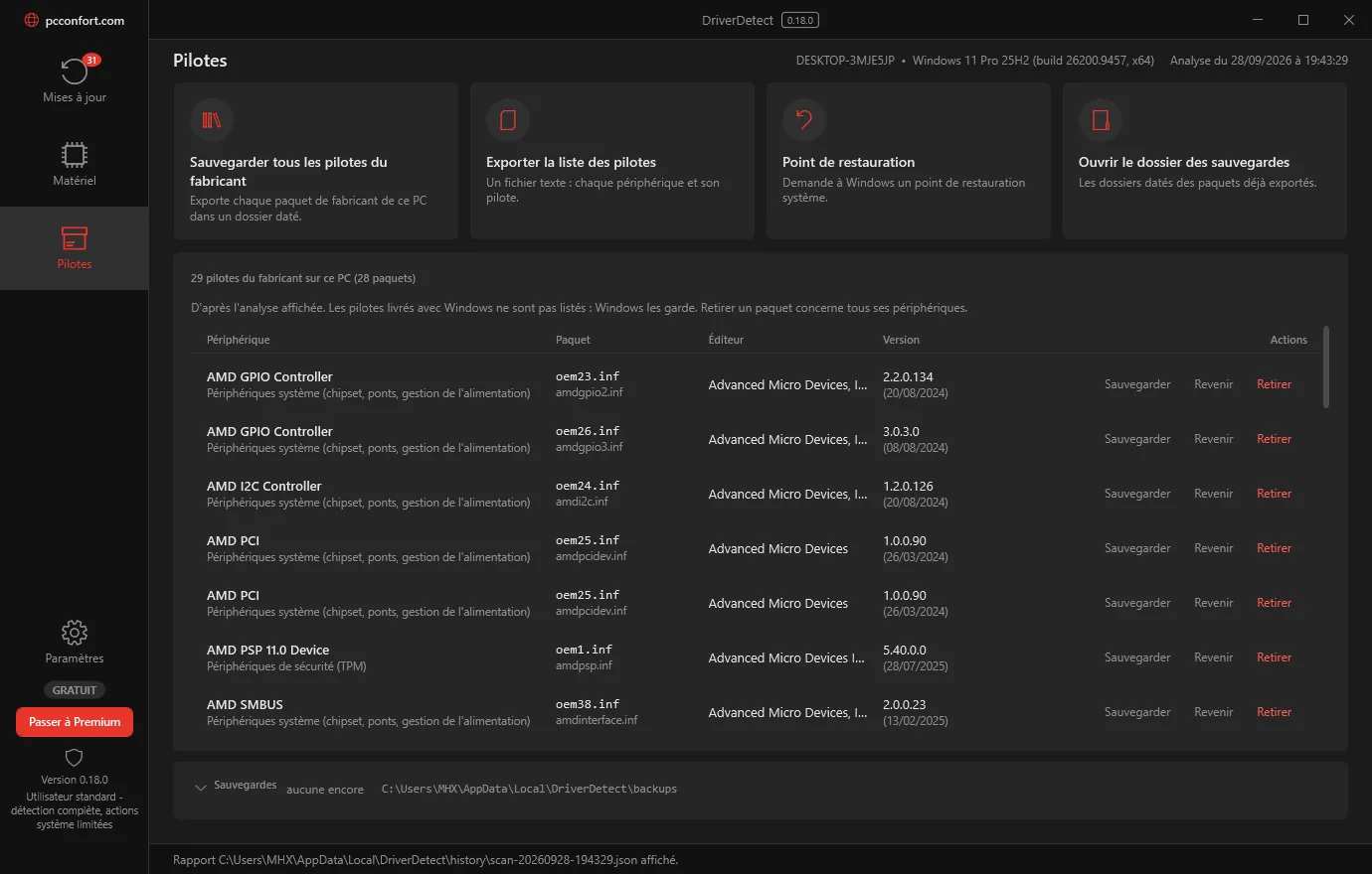 DriverDetect: the Drivers page, one driver per row with Back up, Roll back and Remove