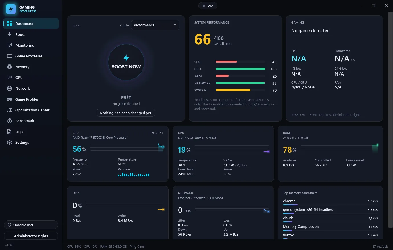 Gaming Booster: the dashboard with the PC's readings