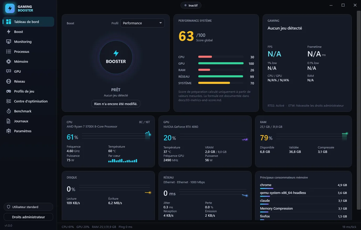 Gaming Booster : le tableau de bord avec les mesures du PC